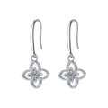 Four-Leaf Clover Round Moissanite Hook Dangle Earrings with CZ in White Gold-Plated S925 sterling silver white background product photo showing the pair, stone shape, and hook dangle earrings silhouette