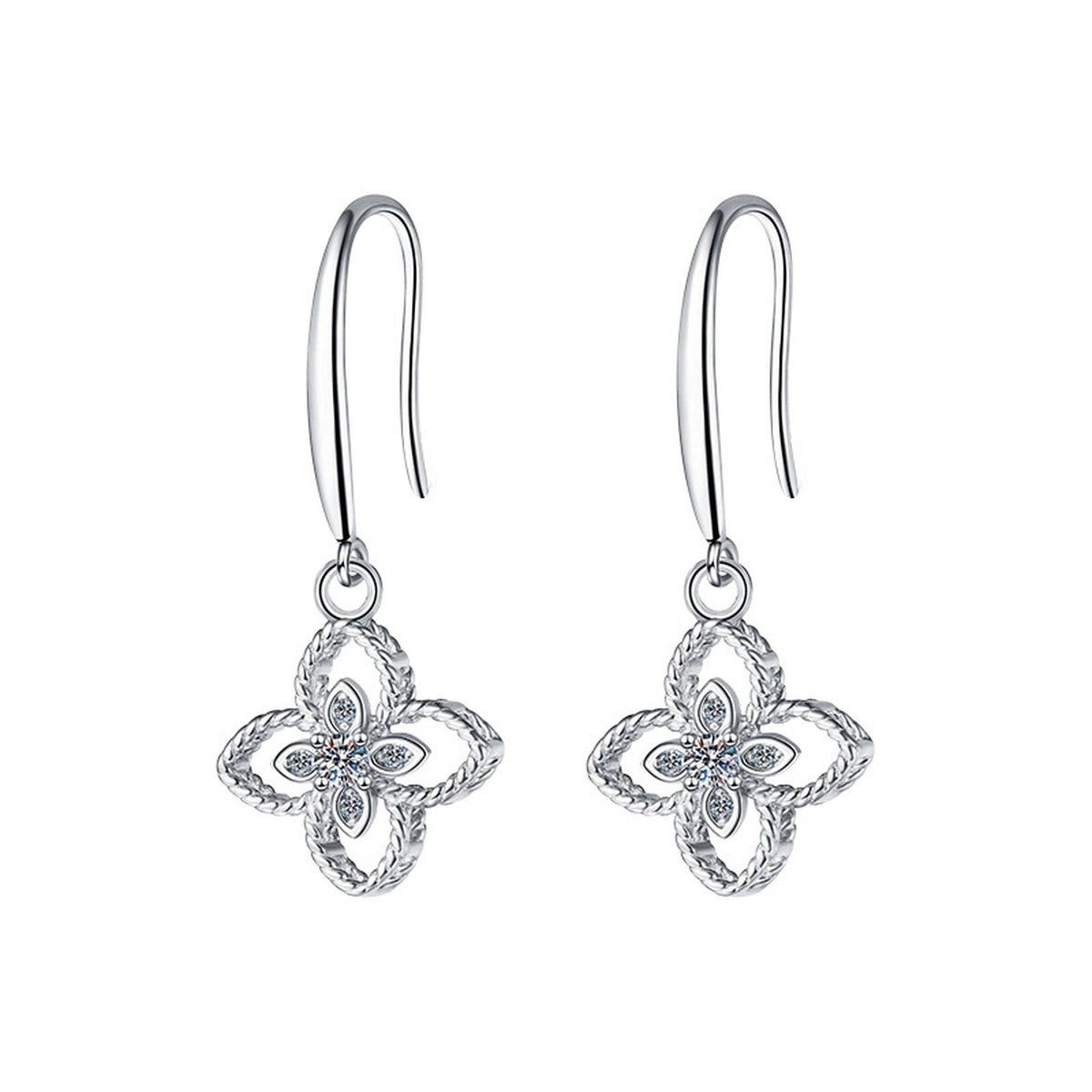 Four-Leaf Clover Round Moissanite Hook Dangle Earrings with CZ in White Gold-Plated S925 sterling silver white background product photo showing the pair, stone shape, and hook dangle earrings silhouette