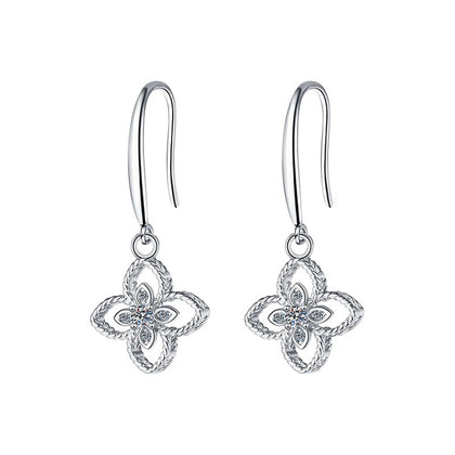 Four-Leaf Clover Round Moissanite Hook Dangle Earrings with CZ in White Gold-Plated S925 sterling silver white background product photo showing the pair, stone shape, and hook dangle earrings silhouette