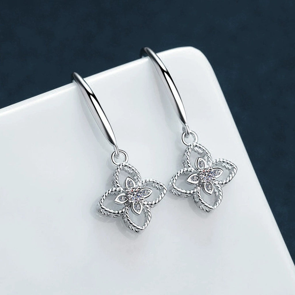 Four-Leaf Clover Round Moissanite Hook Dangle Earrings with CZ in White Gold-Plated S925 sterling silver product scene view showing front sparkle