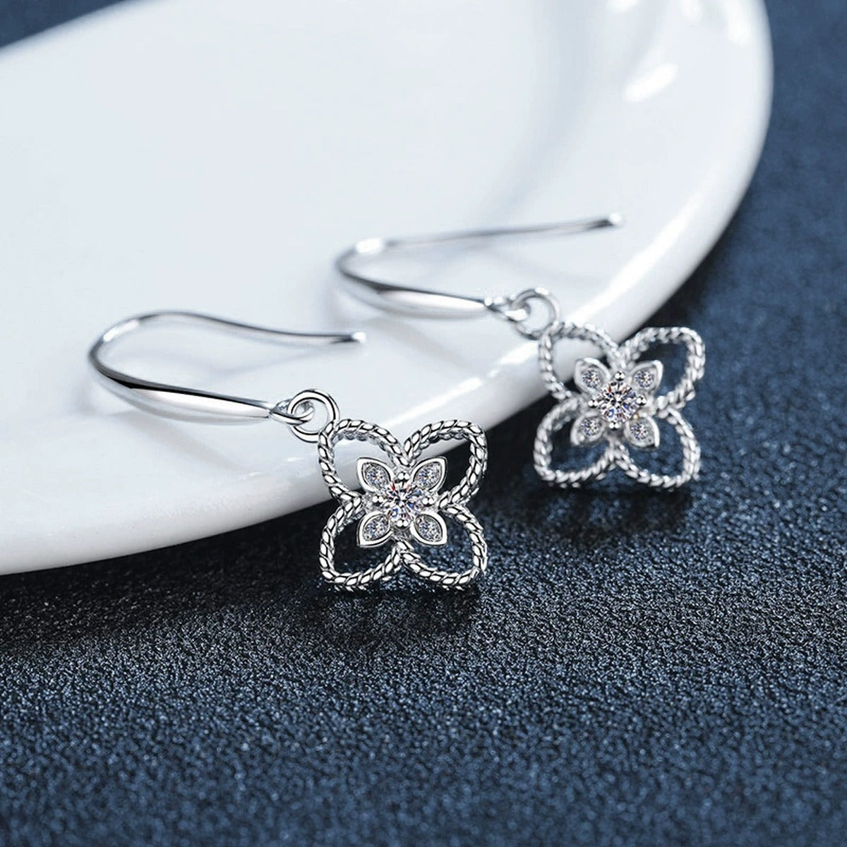 Four-Leaf Clover Round Moissanite Hook Dangle Earrings with CZ in White Gold-Plated S925 sterling silver product scene view showing side profile