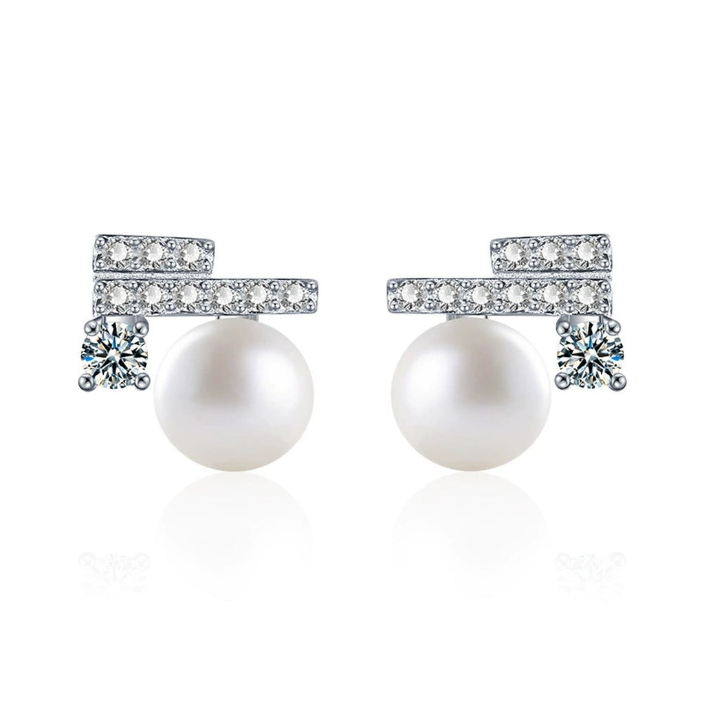 Geometric Moissanite and Pearl Stud Earrings with CZ in White Gold-Plated S925 sterling silver white background product photo showing the pair, stone shape, and stud earrings silhouette
