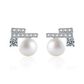 Geometric Moissanite and Pearl Stud Earrings with CZ in White Gold-Plated S925 sterling silver white background product photo showing the pair, stone shape, and stud earrings silhouette