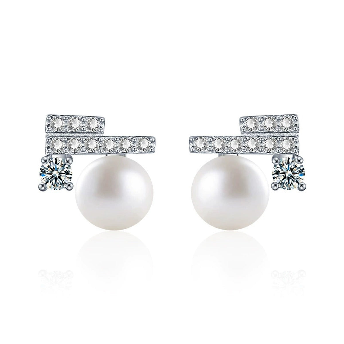 Geometric Moissanite and Pearl Stud Earrings with CZ in White Gold-Plated S925 sterling silver white background product photo showing the pair, stone shape, and stud earrings silhouette