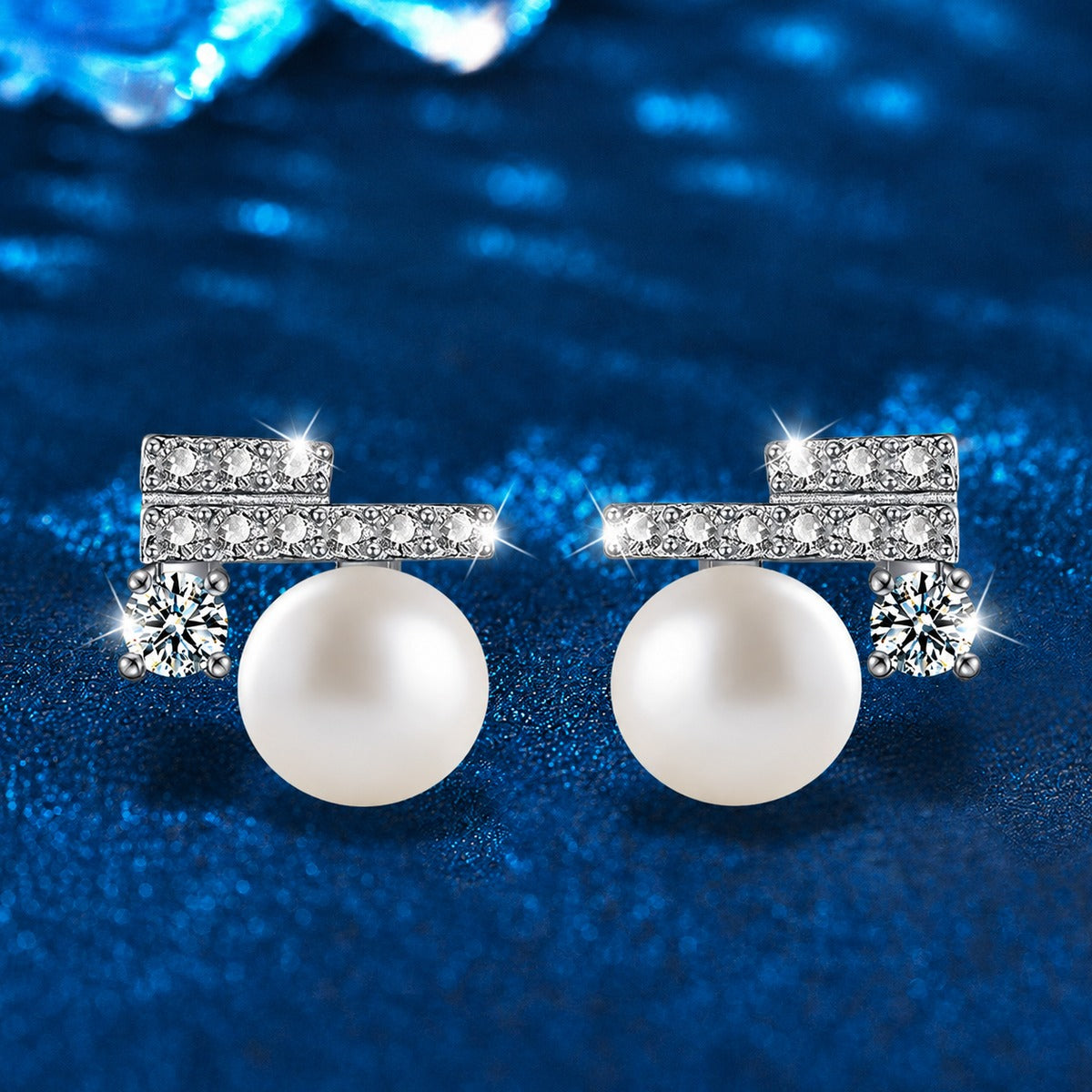 Geometric Moissanite and Pearl Stud Earrings with CZ in White Gold-Plated S925 sterling silver product scene view showing front sparkle