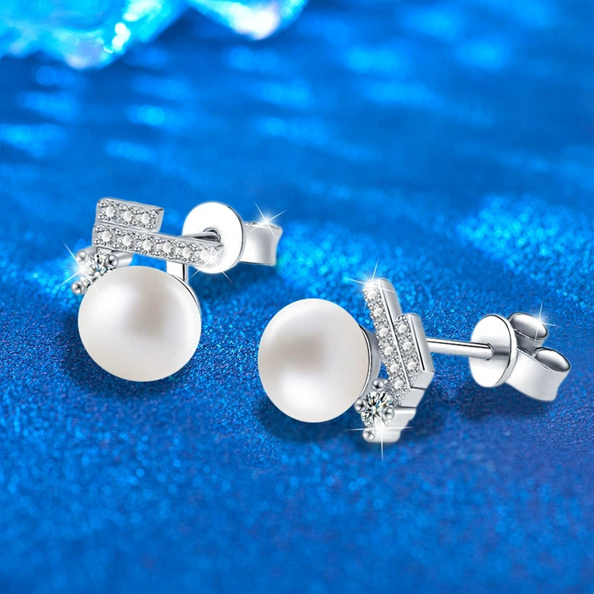 Geometric Moissanite and Pearl Stud Earrings with CZ in White Gold-Plated S925 sterling silver product scene view showing angled setting detail