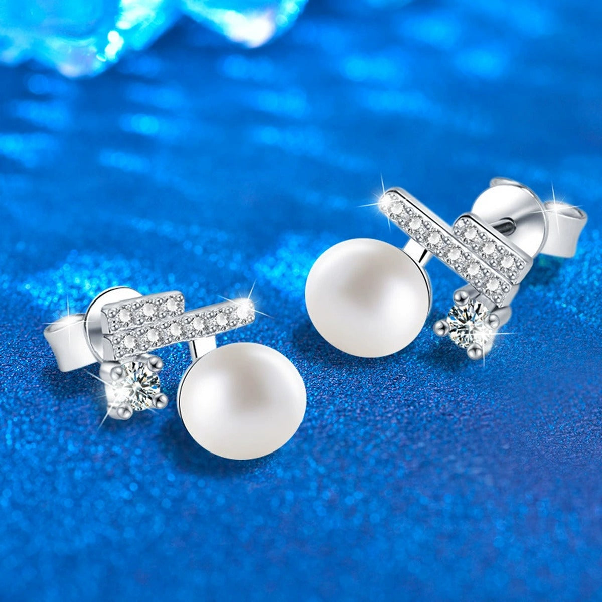 Geometric Moissanite and Pearl Stud Earrings with CZ in White Gold-Plated S925 sterling silver product scene view showing side profile