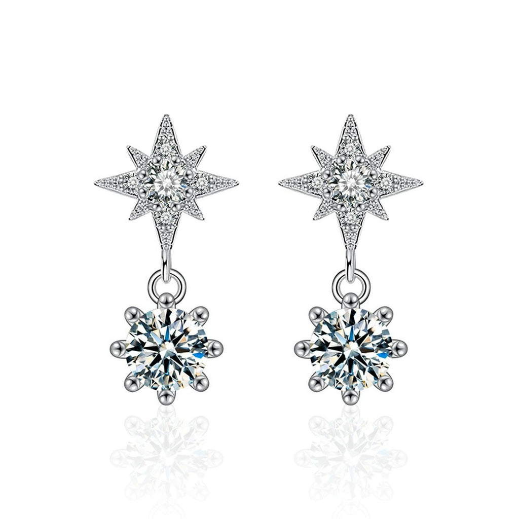 Starburst Round Moissanite Stud Dangle Earrings with CZ in White Gold-Plated S925 sterling silver white background product photo showing the pair, stone shape, and stud dangle earrings silhouette