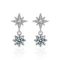 Starburst Round Moissanite Stud Dangle Earrings with CZ in White Gold-Plated S925 sterling silver white background product photo showing the pair, stone shape, and stud dangle earrings silhouette