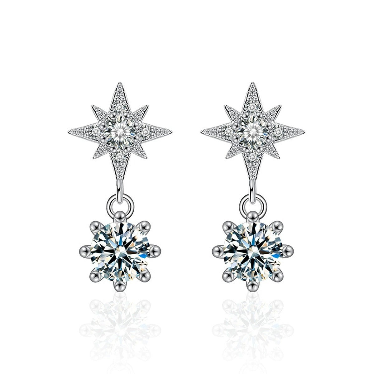 Starburst Round Moissanite Stud Dangle Earrings with CZ in White Gold-Plated S925 sterling silver white background product photo showing the pair, stone shape, and stud dangle earrings silhouette