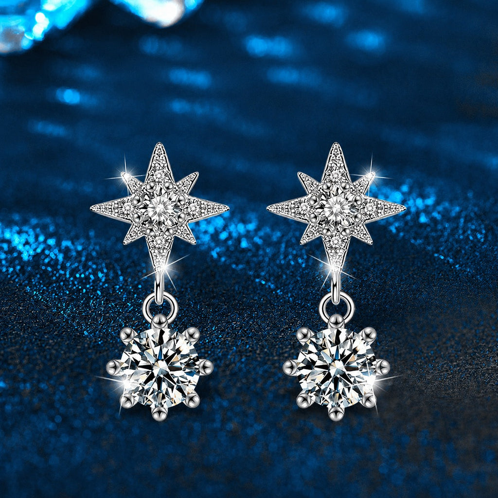 Starburst Round Moissanite Stud Dangle Earrings with CZ in White Gold-Plated S925 sterling silver product scene view showing front sparkle