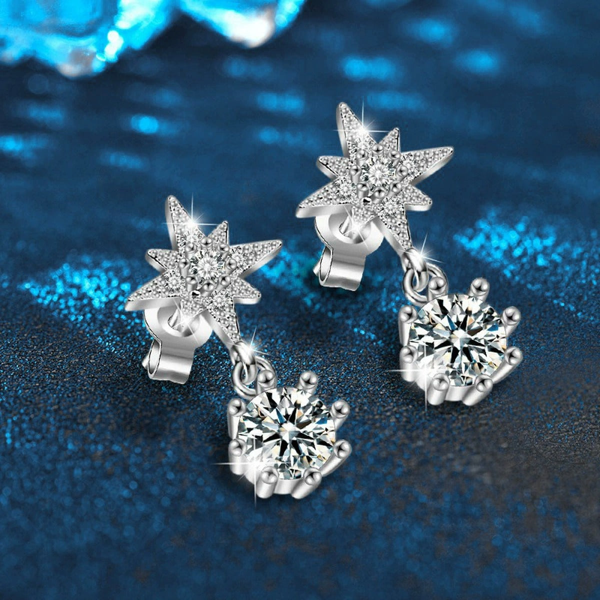 Starburst Round Moissanite Stud Dangle Earrings with CZ in White Gold-Plated S925 sterling silver product scene view showing angled setting detail
