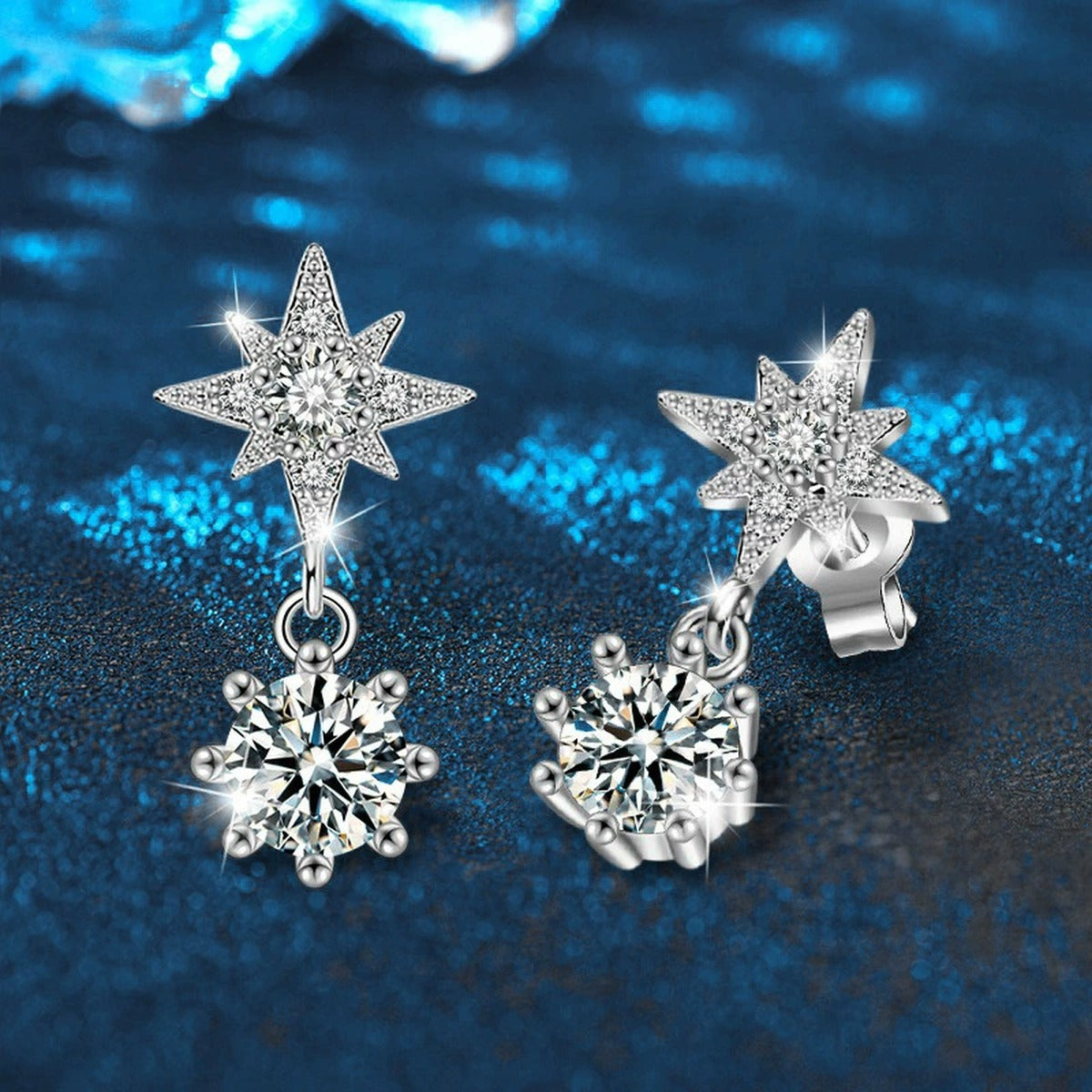 Starburst Round Moissanite Stud Dangle Earrings with CZ in White Gold-Plated S925 sterling silver product scene view showing side profile