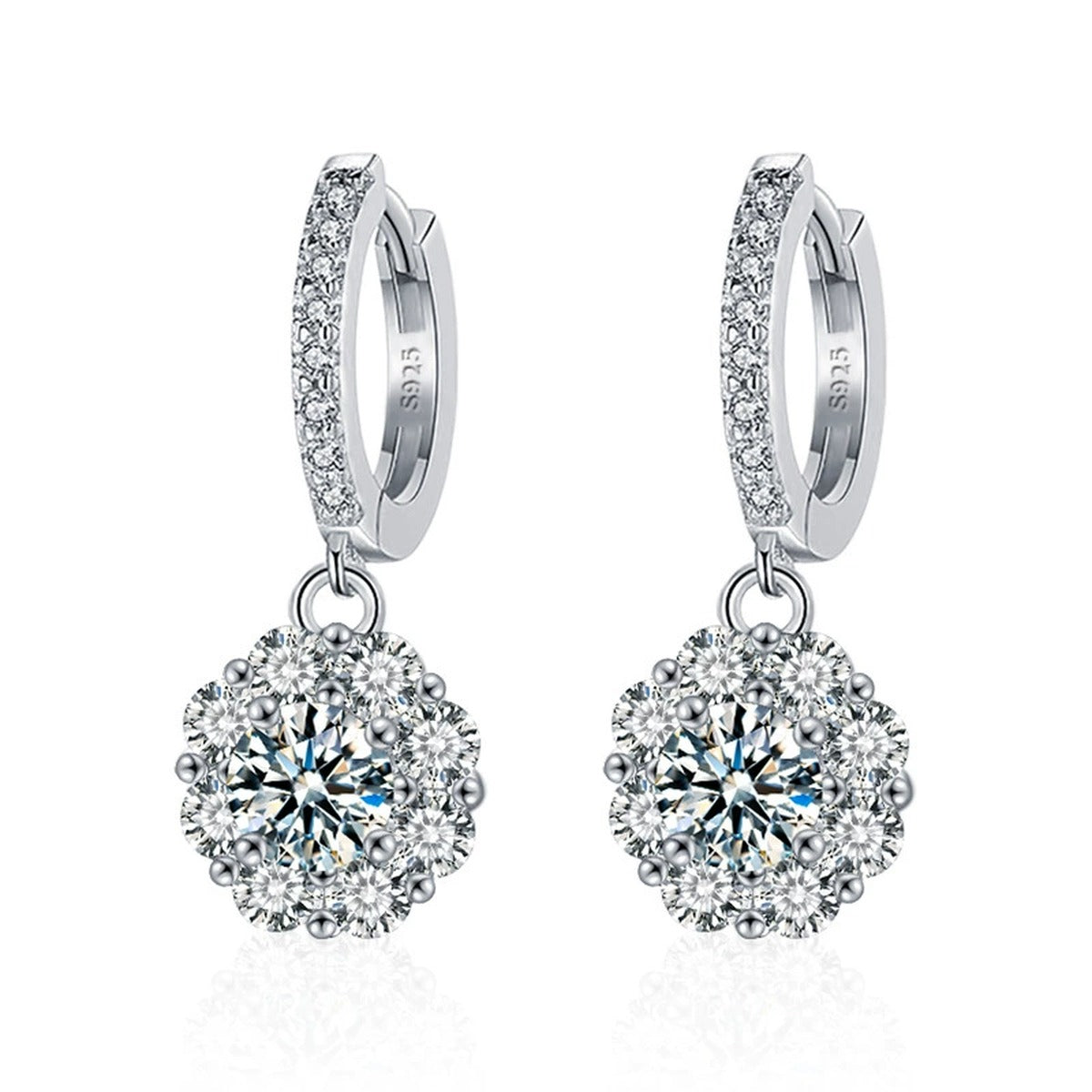 Sunflower Round Moissanite Hoop Dangle Earrings with CZ in White Gold-Plated S925 sterling silver white background product photo showing the pair, stone shape, and hoop dangle earrings silhouette