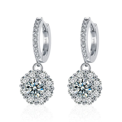 Sunflower Round Moissanite Hoop Dangle Earrings with CZ in White Gold-Plated S925 sterling silver white background product photo showing the pair, stone shape, and hoop dangle earrings silhouette