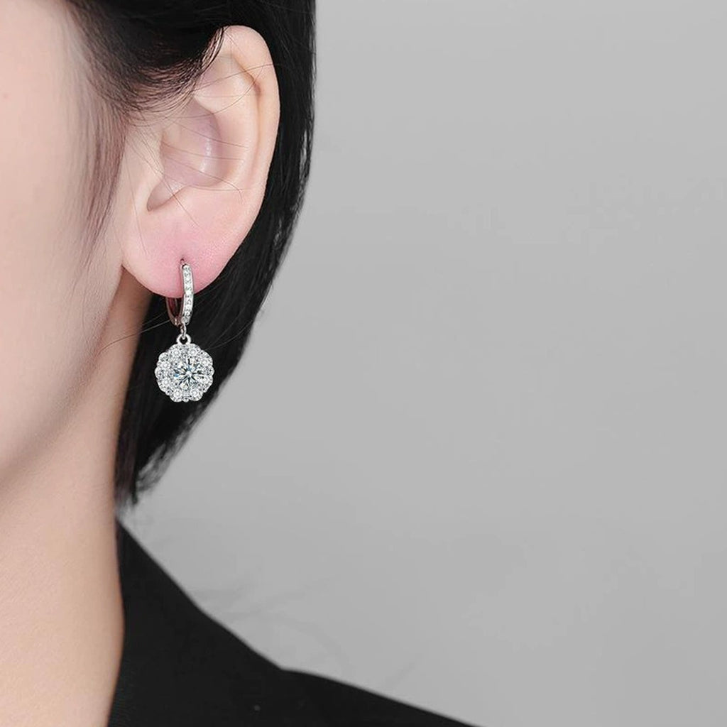 Sunflower Round Moissanite Hoop Dangle Earrings with CZ in White Gold-Plated S925 sterling silver worn on ear by model showing scale, placement, and hoop dangle earrings styling