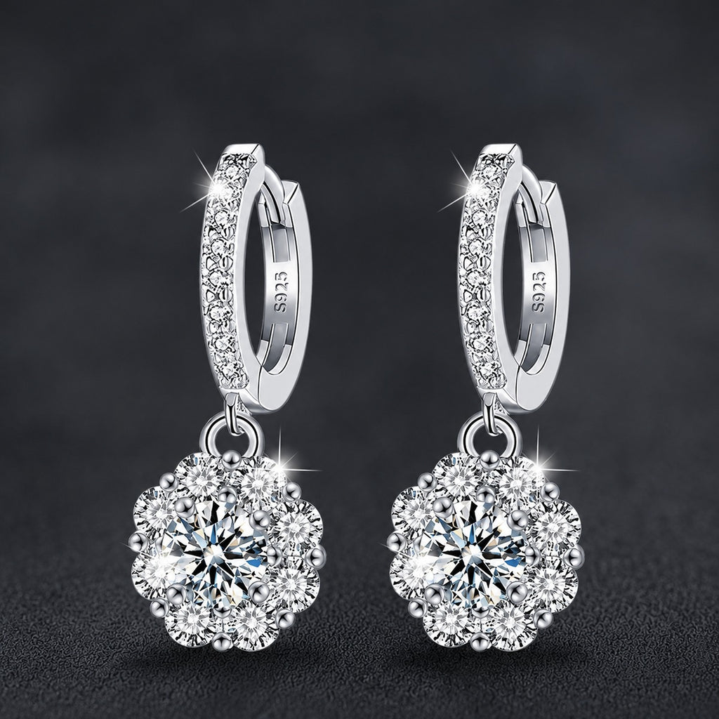 Sunflower Round Moissanite Hoop Dangle Earrings with CZ in White Gold-Plated S925 sterling silver product scene view showing front sparkle