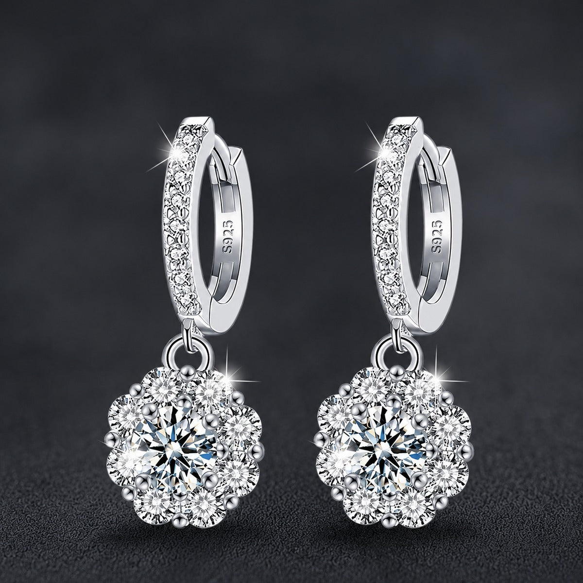 Sunflower Round Moissanite Hoop Dangle Earrings with CZ in White Gold-Plated S925 sterling silver product scene view showing front sparkle