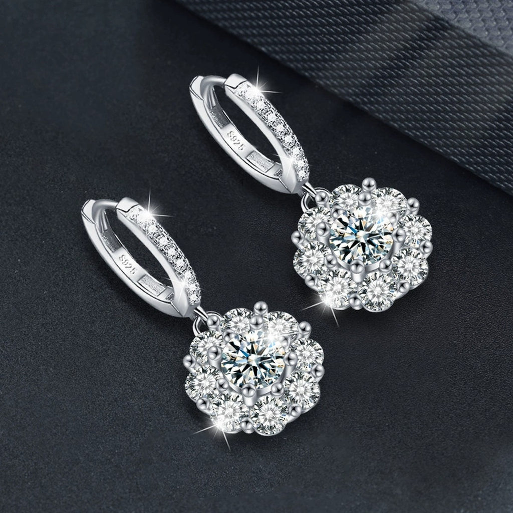 Sunflower Round Moissanite Hoop Dangle Earrings with CZ in White Gold-Plated S925 sterling silver product scene view showing angled setting detail