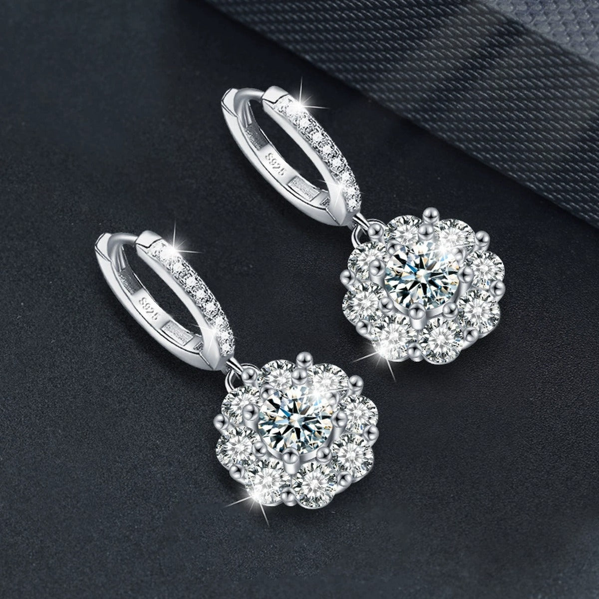 Sunflower Round Moissanite Hoop Dangle Earrings with CZ in White Gold-Plated S925 sterling silver product scene view showing angled setting detail