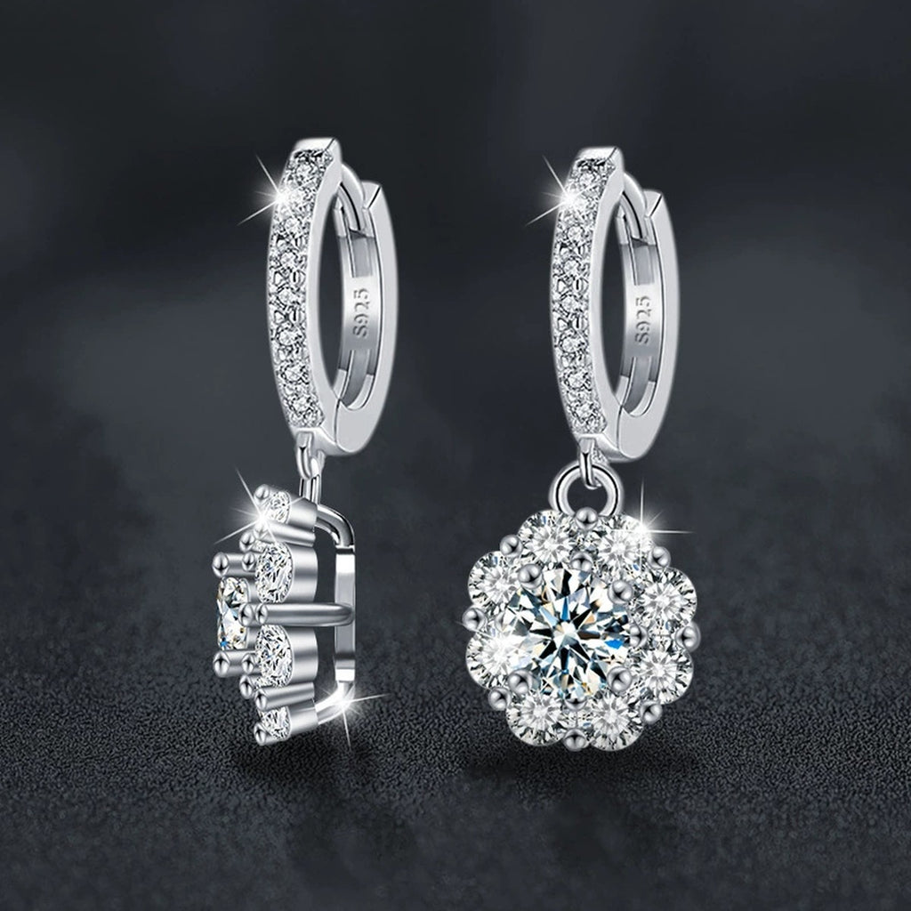 Sunflower Round Moissanite Hoop Dangle Earrings with CZ in White Gold-Plated S925 sterling silver product scene view showing side profile