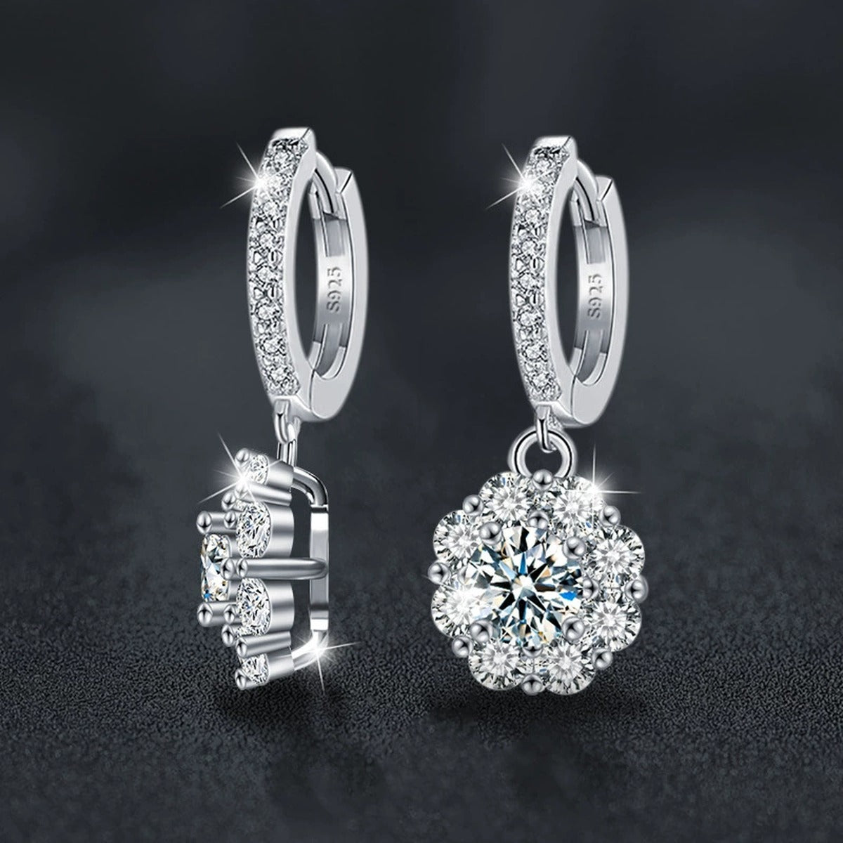 Sunflower Round Moissanite Hoop Dangle Earrings with CZ in White Gold-Plated S925 sterling silver product scene view showing side profile
