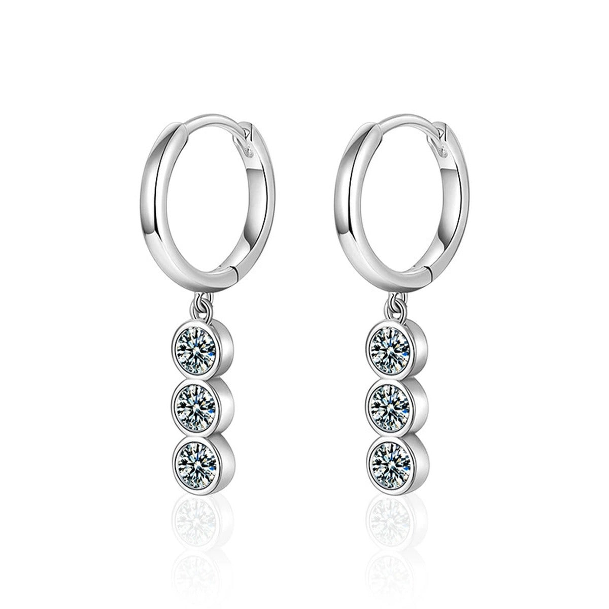 Graduated Round Moissanite Hoop Dangle Earrings in White Gold-Plated S925 sterling silver white background product photo showing the pair, stone shape, and hoop dangle earrings silhouette