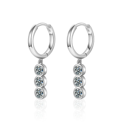 Graduated Round Moissanite Hoop Dangle Earrings in White Gold-Plated S925 sterling silver white background product photo showing the pair, stone shape, and hoop dangle earrings silhouette