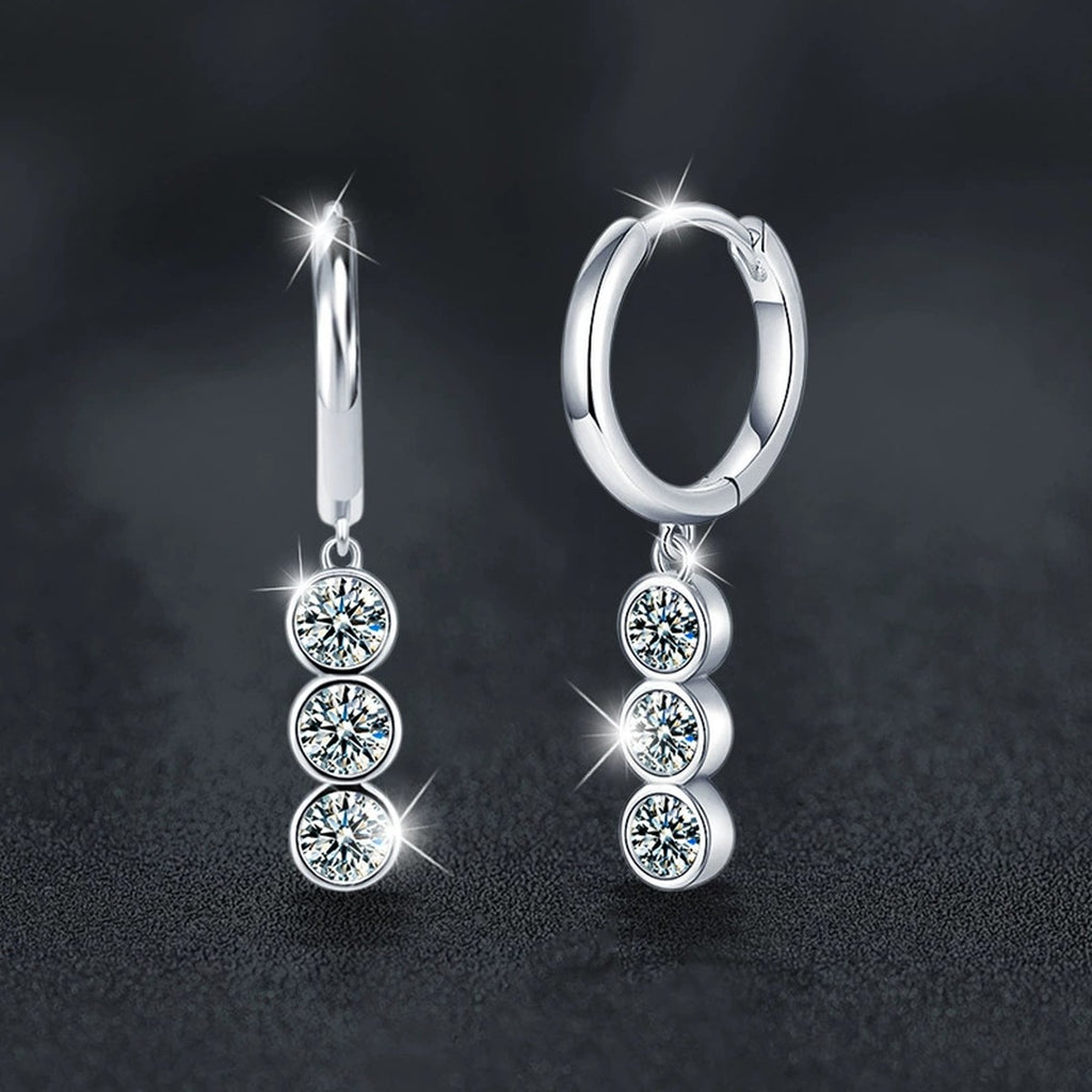 Graduated Round Moissanite Hoop Dangle Earrings in White Gold-Plated S925 sterling silver product scene view showing side profile