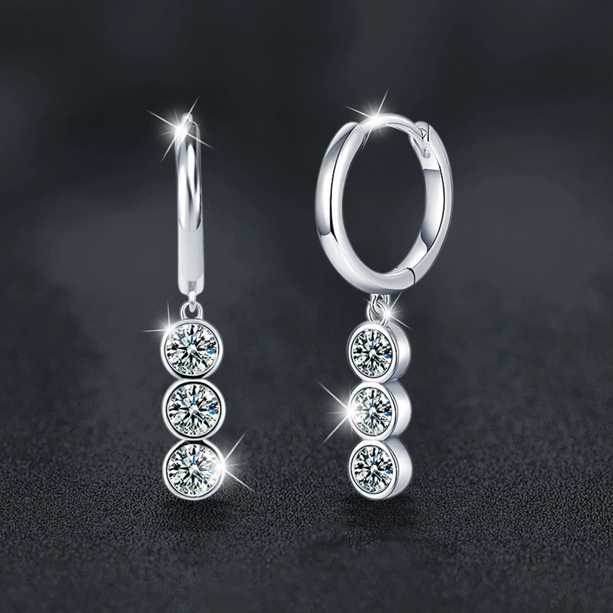 Graduated Round Moissanite Hoop Dangle Earrings in White Gold-Plated S925 sterling silver product scene view showing side profile