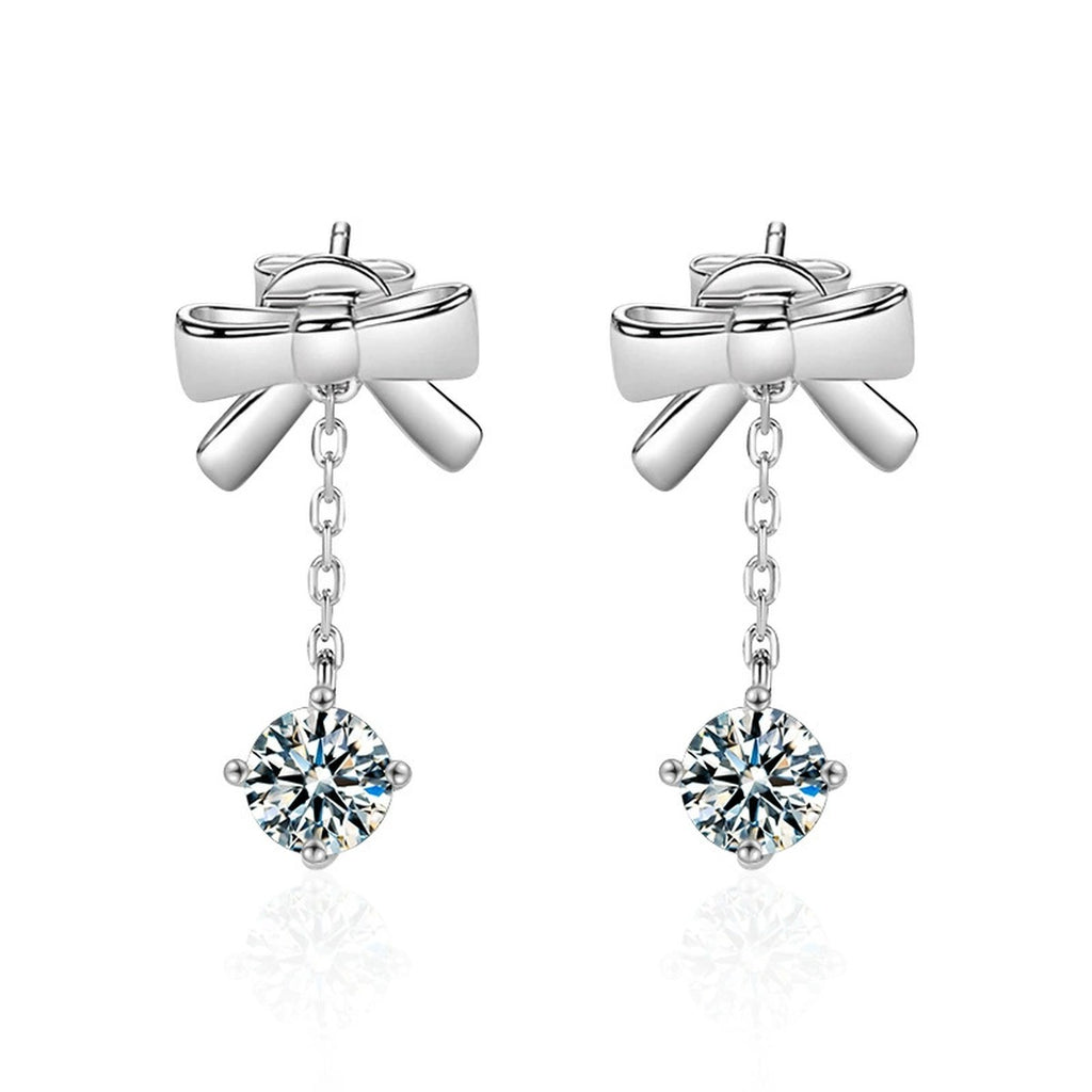Bowknot Round Moissanite Stud Dangle Earrings in White Gold-Plated S925 sterling silver white background product photo showing the pair, stone shape, and stud dangle earrings silhouette