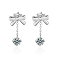 Bowknot Round Moissanite Stud Dangle Earrings in White Gold-Plated S925 sterling silver white background product photo showing the pair, stone shape, and stud dangle earrings silhouette