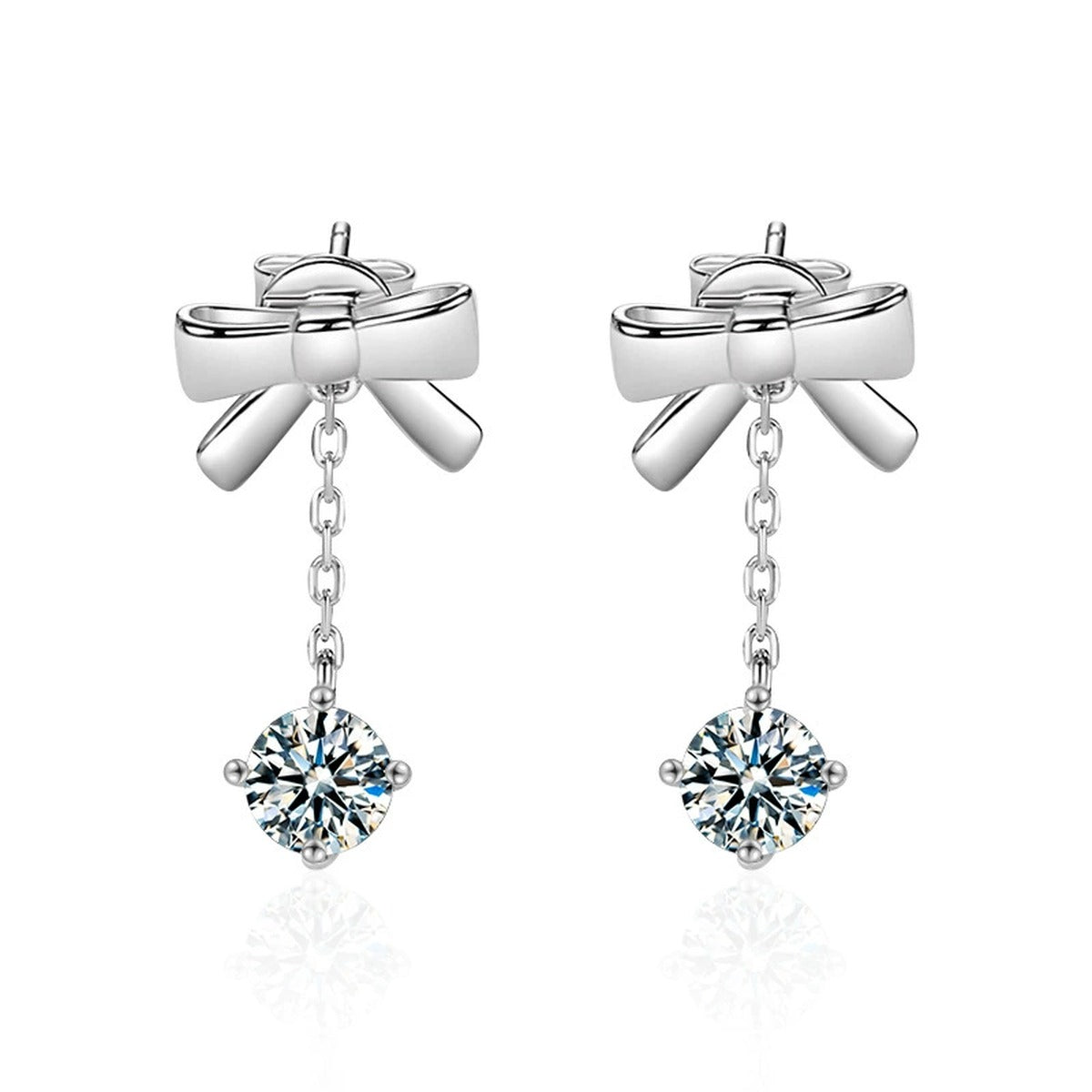 Bowknot Round Moissanite Stud Dangle Earrings in White Gold-Plated S925 sterling silver white background product photo showing the pair, stone shape, and stud dangle earrings silhouette