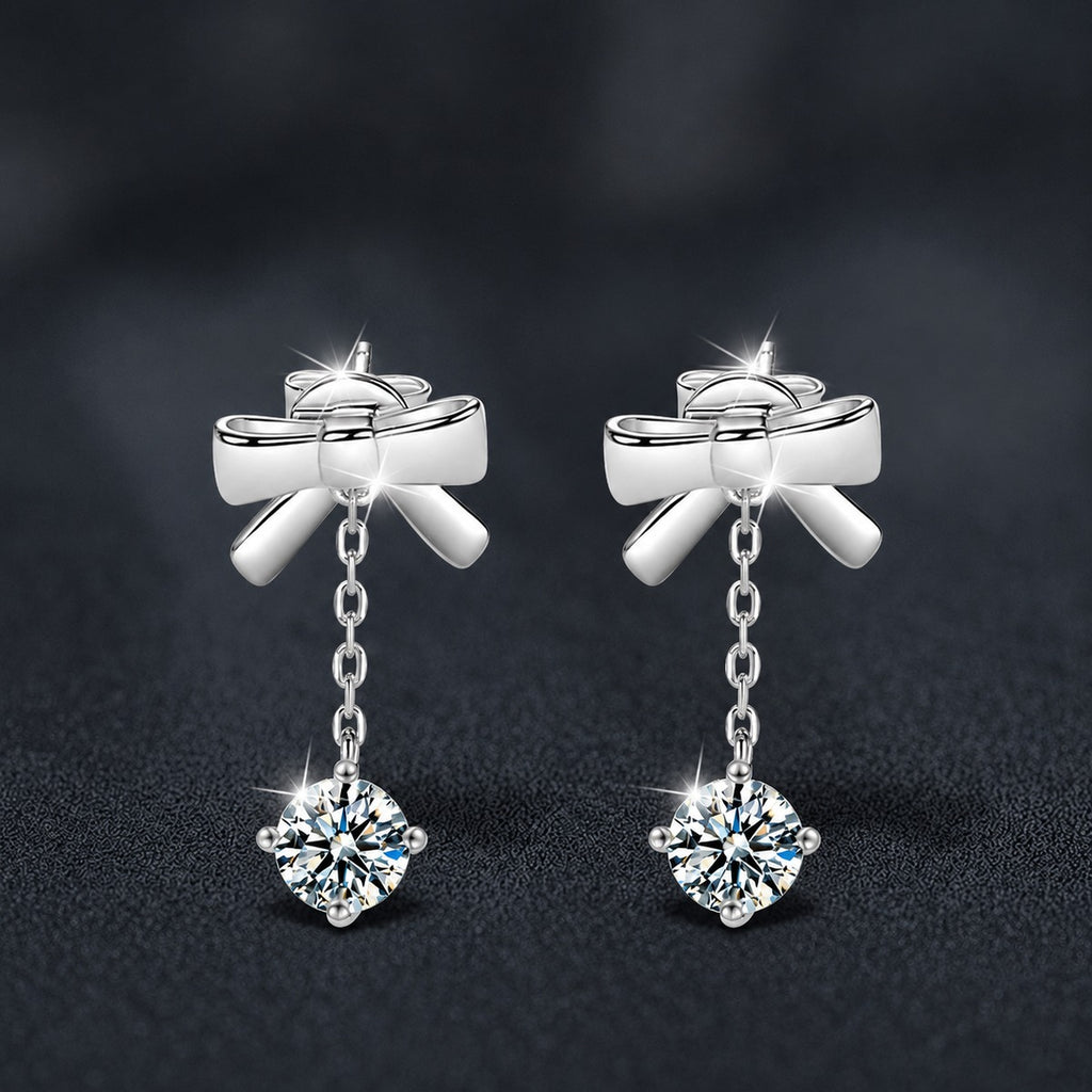 Bowknot Round Moissanite Stud Dangle Earrings in White Gold-Plated S925 sterling silver product scene view showing front sparkle