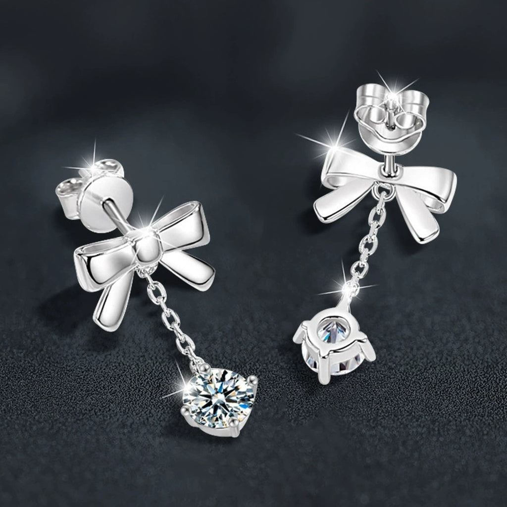 Bowknot Round Moissanite Stud Dangle Earrings in White Gold-Plated S925 sterling silver product scene view showing side profile