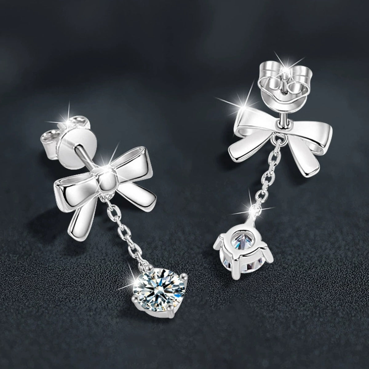 Bowknot Round Moissanite Stud Dangle Earrings in White Gold-Plated S925 sterling silver product scene view showing side profile
