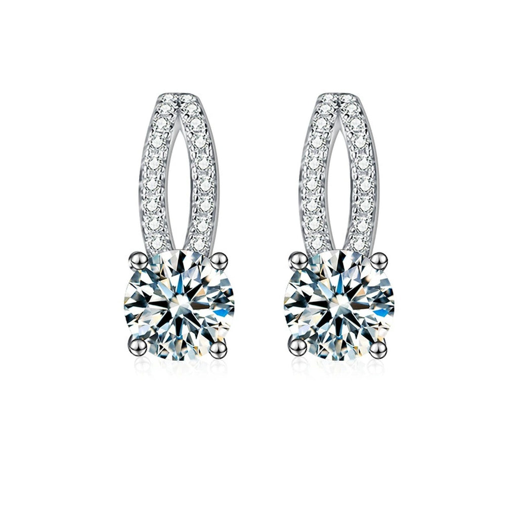 Curved Pave Round Moissanite Stud Drop Earrings with CZ in White Gold-Plated S925 sterling silver white background product photo showing the pair, stone shape, and stud earrings silhouette