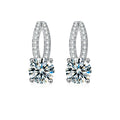 Curved Pave Round Moissanite Stud Drop Earrings with CZ in White Gold-Plated S925 sterling silver white background product photo showing the pair, stone shape, and stud earrings silhouette