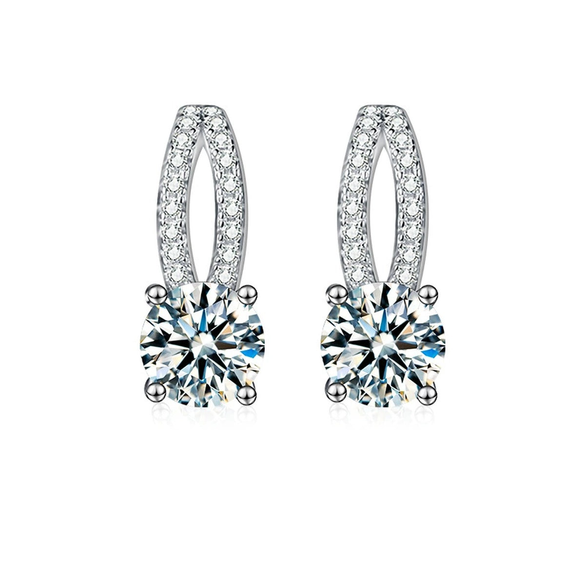 Curved Pave Round Moissanite Stud Drop Earrings with CZ in White Gold-Plated S925 sterling silver white background product photo showing the pair, stone shape, and stud earrings silhouette