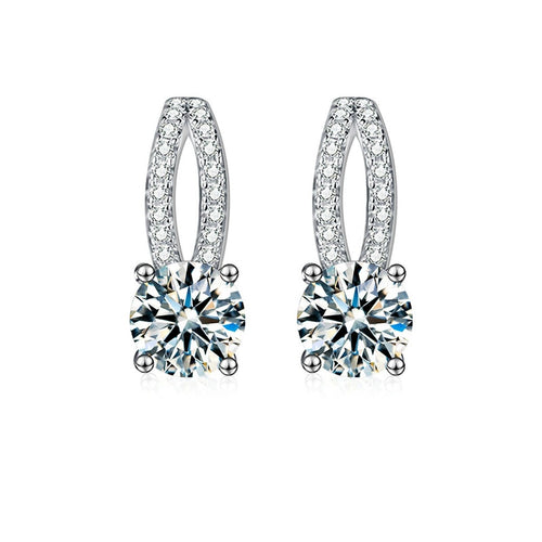 Curved Pave Round Moissanite Stud Drop Earrings with CZ in White Gold-Plated S925 sterling silver white background product photo showing the pair, stone shape, and stud earrings silhouette