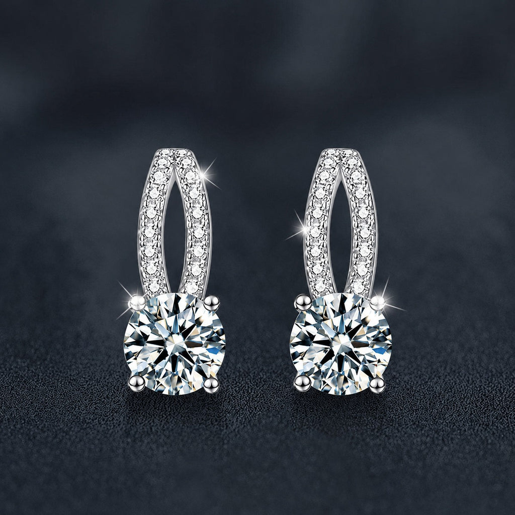 Curved Pave Round Moissanite Stud Drop Earrings with CZ in White Gold-Plated S925 sterling silver product scene view showing front sparkle