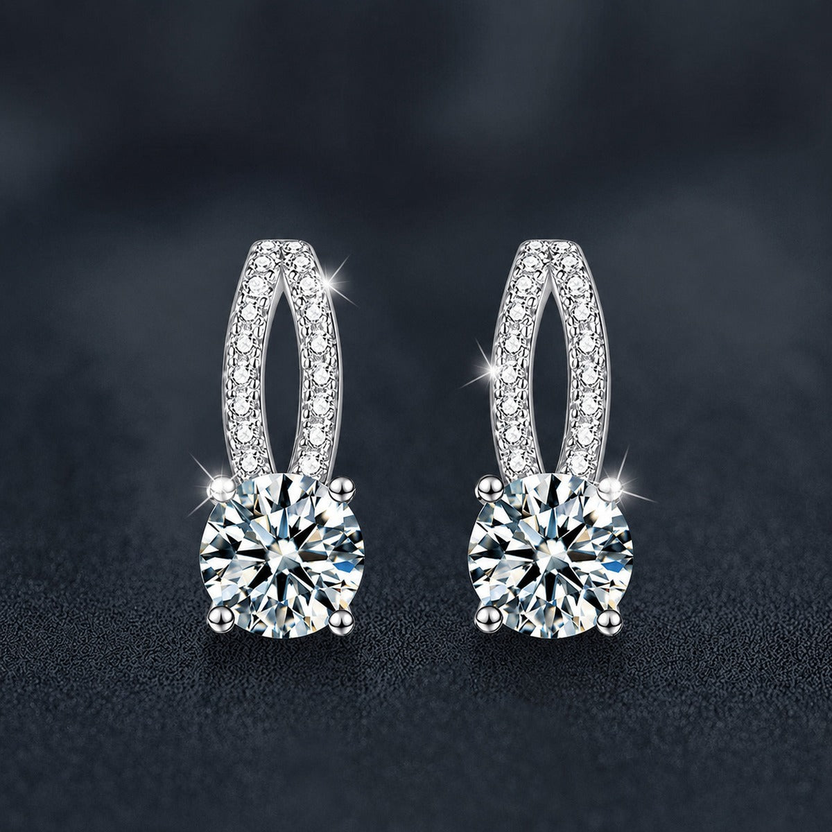 Curved Pave Round Moissanite Stud Drop Earrings with CZ in White Gold-Plated S925 sterling silver product scene view showing front sparkle
