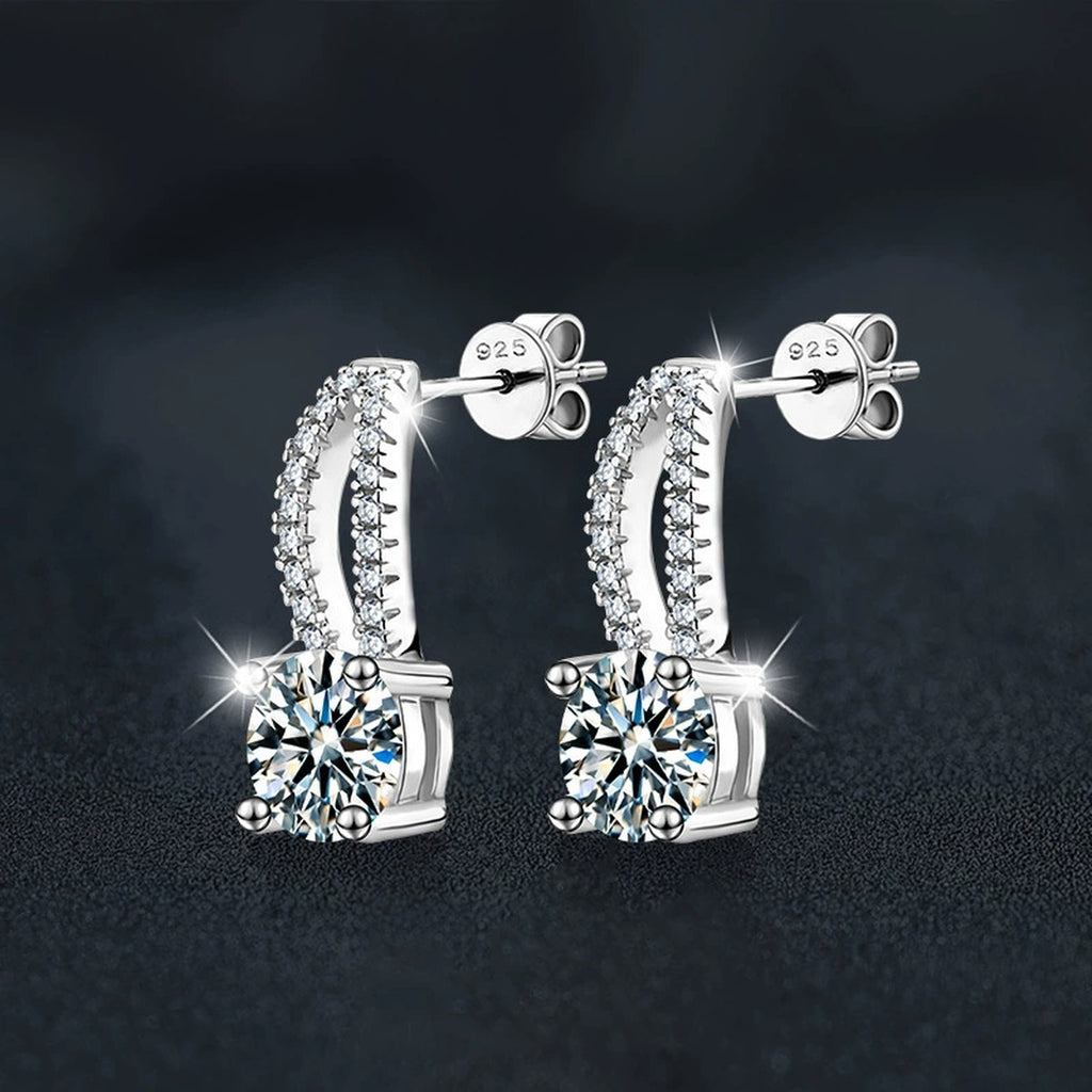 Curved Pave Round Moissanite Stud Drop Earrings with CZ in White Gold-Plated S925 sterling silver product scene view showing angled setting detail
