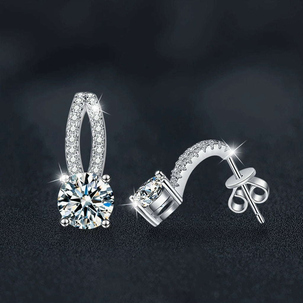 Curved Pave Round Moissanite Stud Drop Earrings with CZ in White Gold-Plated S925 sterling silver product scene view showing side profile