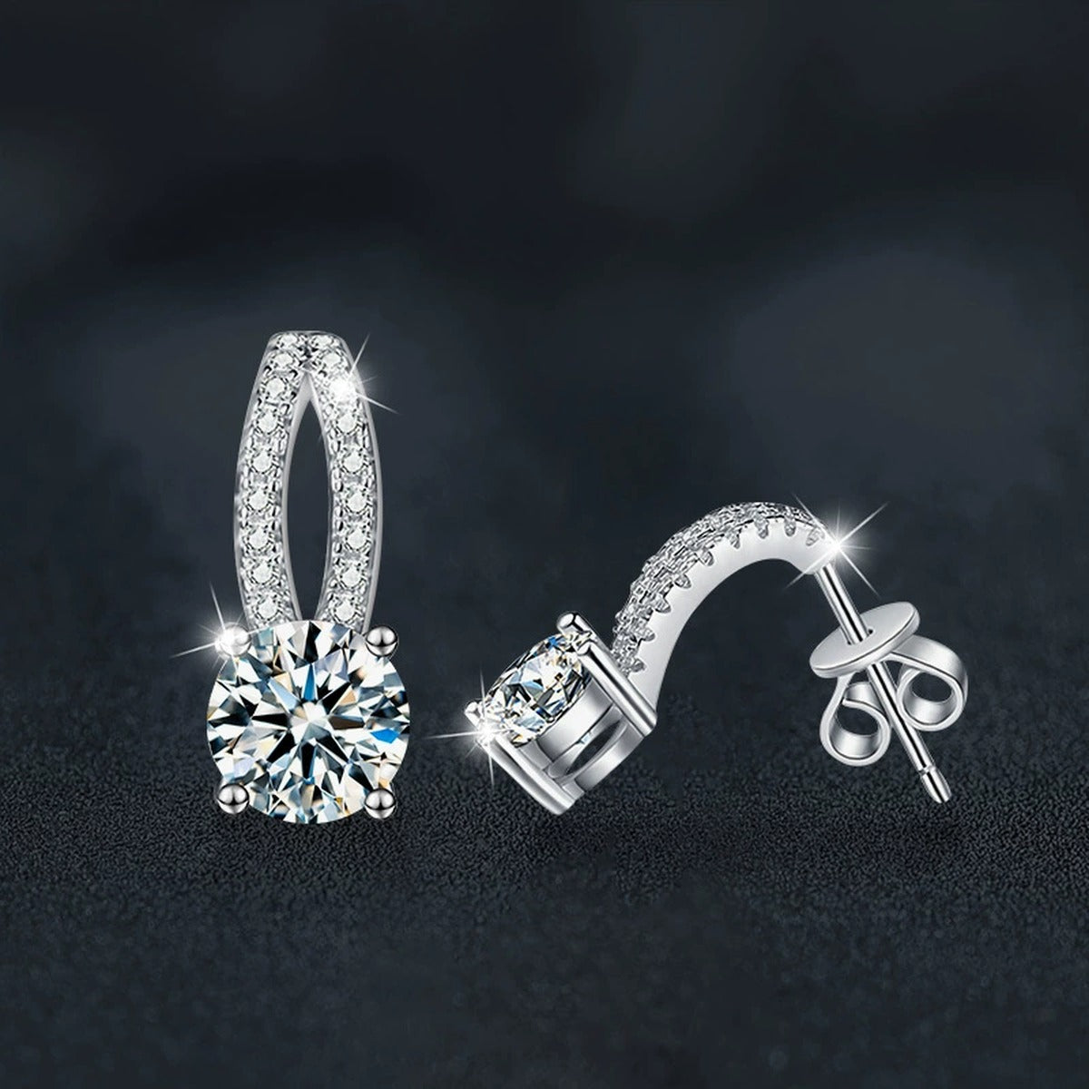 Curved Pave Round Moissanite Stud Drop Earrings with CZ in White Gold-Plated S925 sterling silver product scene view showing side profile