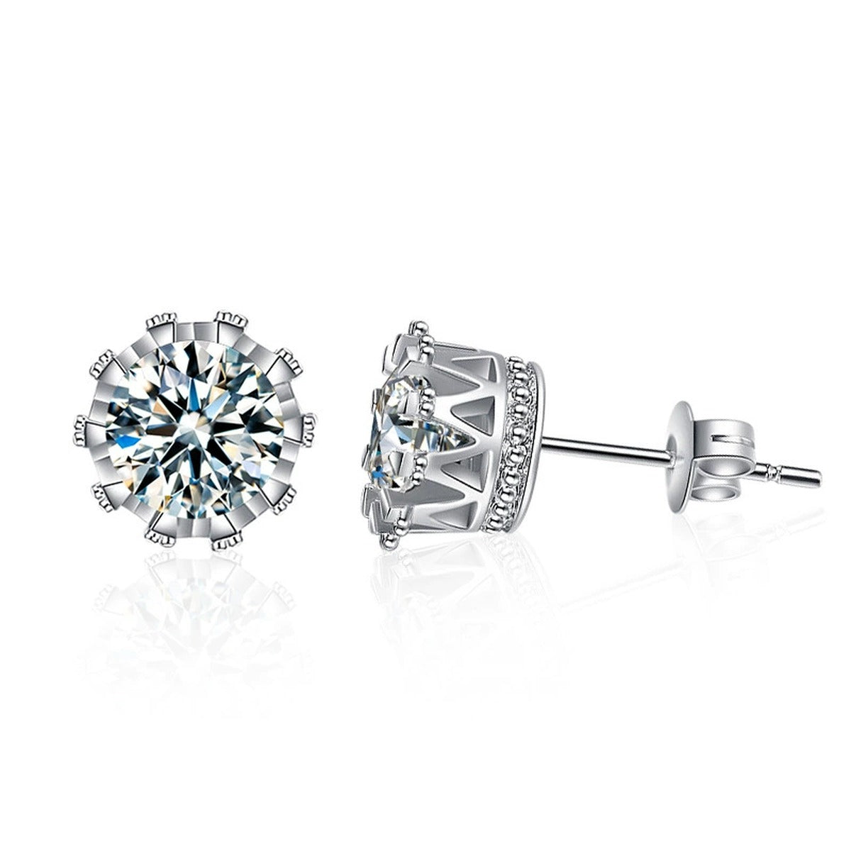 Crown Basket Round Moissanite Solitaire Stud Earrings in White Gold-Plated S925 sterling silver white background product photo showing the pair, stone shape, and stud earrings silhouette