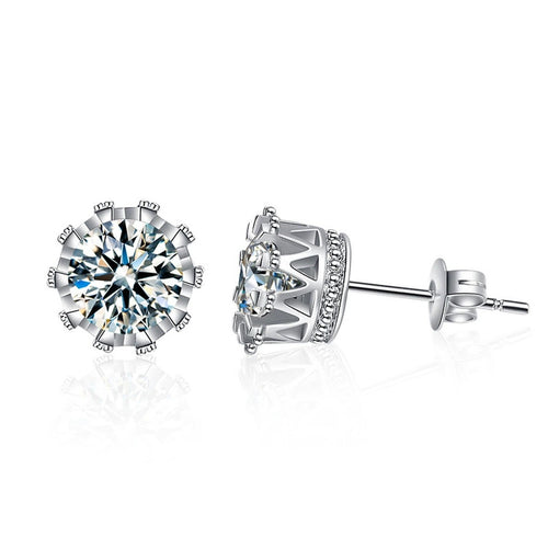 Crown Basket Round Moissanite Solitaire Stud Earrings in White Gold-Plated S925 sterling silver white background product photo showing the pair, stone shape, and stud earrings silhouette
