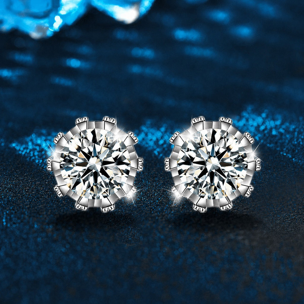 Crown Basket Round Moissanite Solitaire Stud Earrings in White Gold-Plated S925 sterling silver product scene view showing front sparkle
