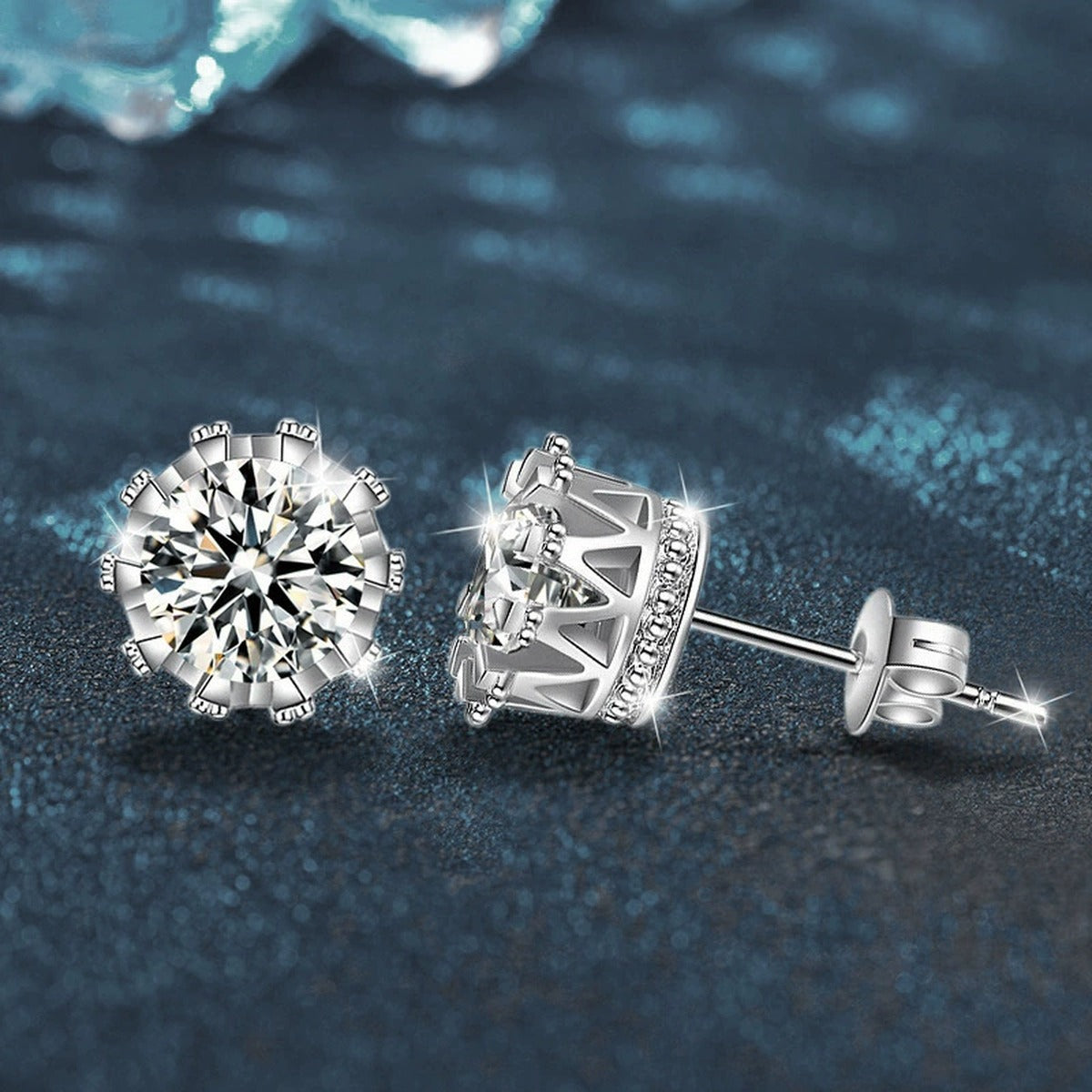 Crown Basket Round Moissanite Solitaire Stud Earrings in White Gold-Plated S925 sterling silver product scene view showing angled setting detail