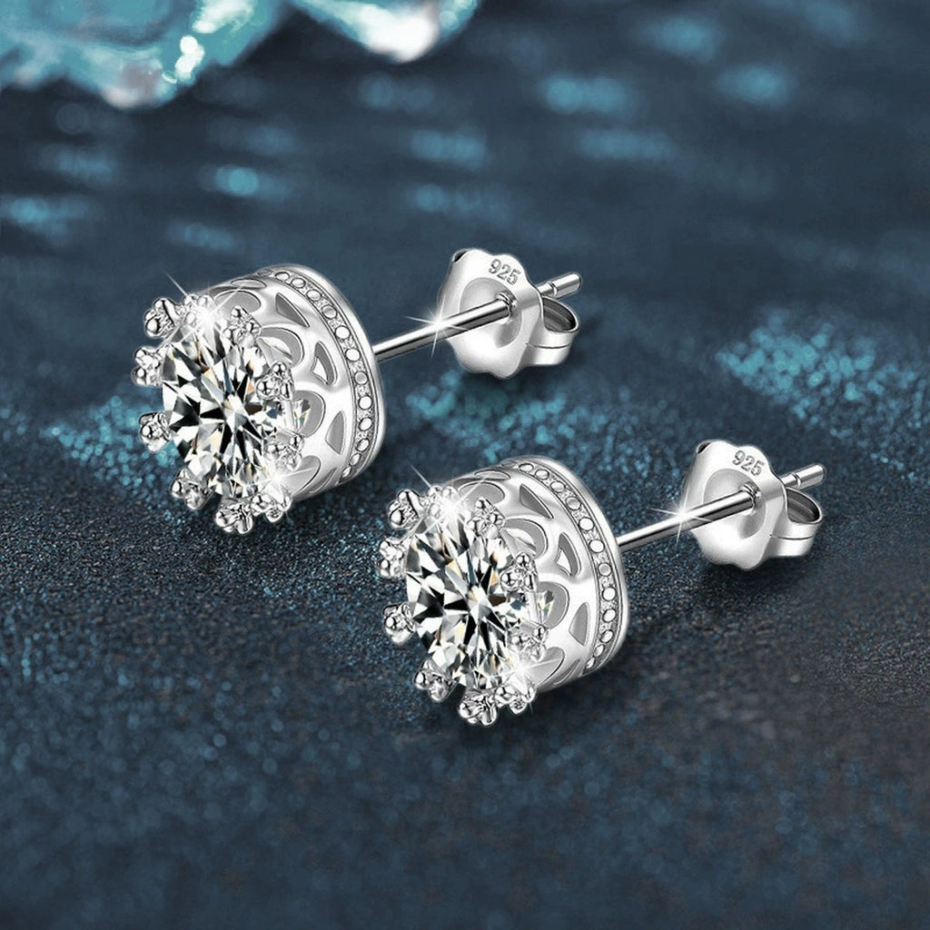 Crown Basket Round Moissanite Solitaire Stud Earrings in White Gold-Plated S925 sterling silver product scene view showing side profile